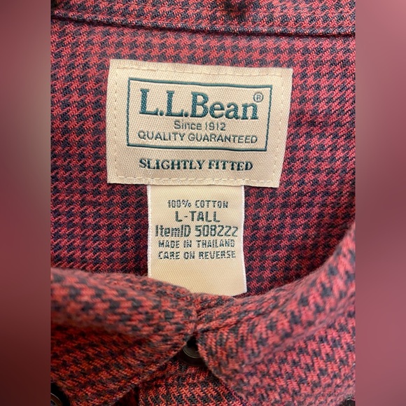 L.L. Bean Men Slightly Fitted Red Black Houndstooth Button Up Flannel Large Tall - Picture 5 of 7